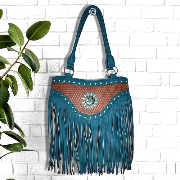 None Handbags - Fringe Turquoise & Brown Boho Large Shoulder Tote Bag